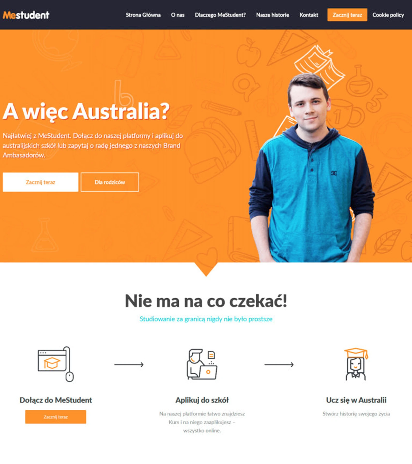 MeStudent website redesign showing the orange hero and onboarding steps